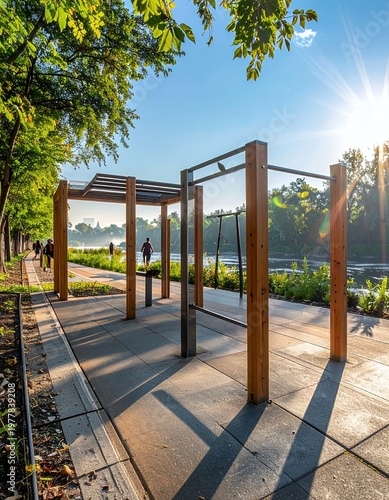 Outdoor fitness park with exercise equipment under sunny sky, perfect for morning workouts and healthy lifestyle.