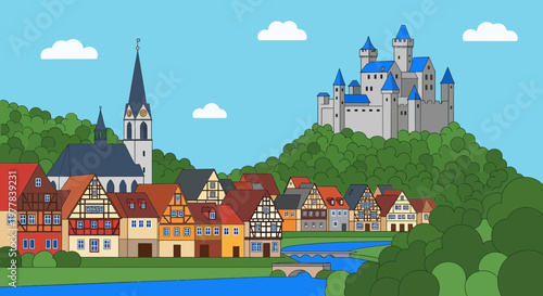 Charming European Village with Castle and River Landscape