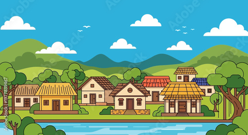 Charming village landscape with traditional houses, green hills, and blue sky