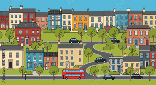 Charming Townscape with Colorful Houses, Trees, and Cars