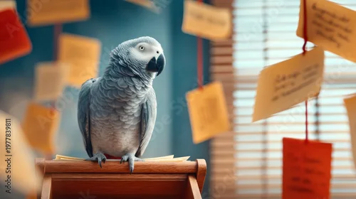 Fototapeta Grey African Parrot Perched on Vintage Wooden Shelf with Notes