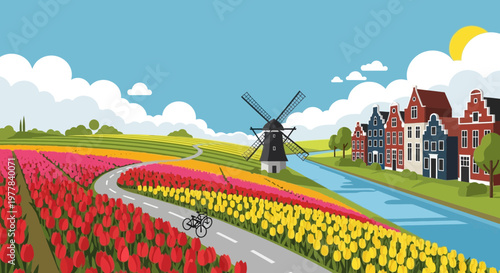 Dutch Landscape: Windmill, Tulip Fields, Canal, and Houses with Bicycle Path