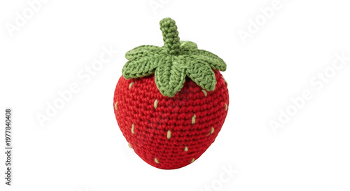 A vibrant red strawberry with green leafy stem and calyx