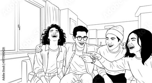 Diverse Gen Z Friends Laughing at Home in Natural Light Authentic Lifestyle Candid Moment Real Emotions Documentary Style Modern Apartment Social Connection