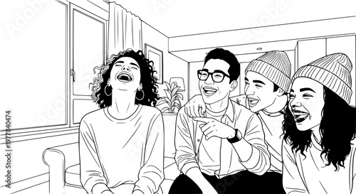 Diverse Gen Z Friends Laughing at Home in Natural Light Authentic Lifestyle Candid Moment Real Emotions Documentary Style Modern Apartment Social Connection