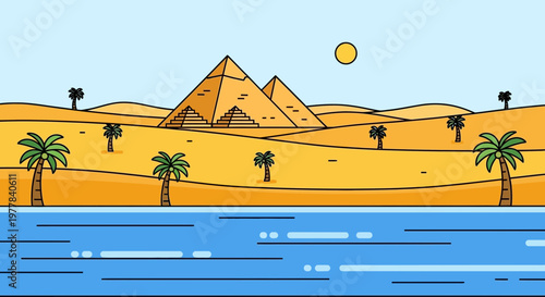 Egyptian Pyramids Desert Landscape with Palm Trees and River