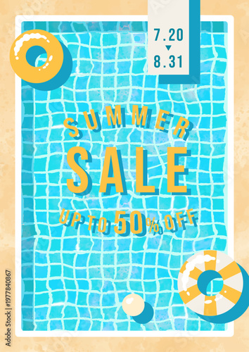 プールの水面と浮き輪のイラスト、サマーセールのポスターテンプレート。最大50%OFFの文字入り。 Poster template for Summer Sale with swimming pool ripples and float rings. Text "UP TO 50% OFF" included.