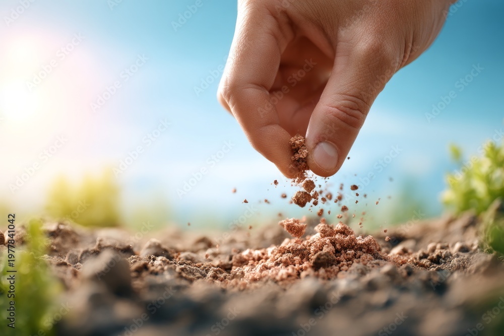 Fototapeta premium Close-Up of Fingers Testing Soil Moisture in Bright Natural Setting