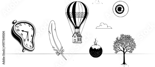 Surreal Floating Objects Pastel Sky Dreamlike Concept Creative Imagination Playful Minimal Background Modern Art Style