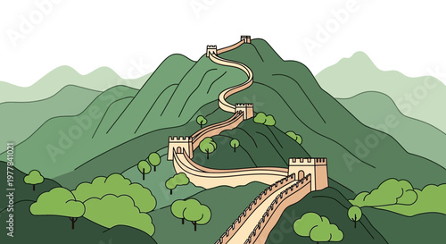 Great Wall of China illustration, winding across green mountains, ancient landmark, travel destination