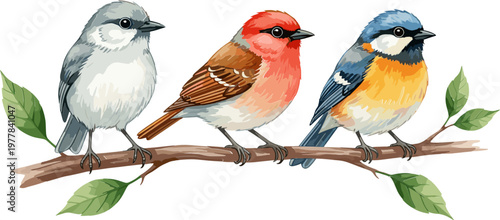 Beautiful Bird Trio Illustration Featuring Blue, Red, and Gray Birds on a Branch for Nature, Wildlife, and Animal Designs