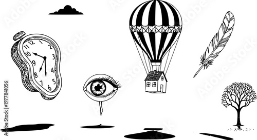 Surreal Floating Objects Pastel Sky Dreamlike Concept Creative Imagination Playful Minimal Background Modern Art Style