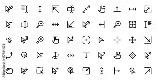 Selection and Cursors icon set. Vector cursor symbols pack. Includes pointer, click, drag, scroll, zoom, move, select, resize and more. Editable stroke.