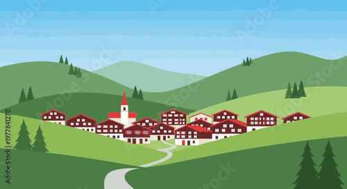 Idyllic Alpine Village Scene with Rolling Green Hills and Blue Sky