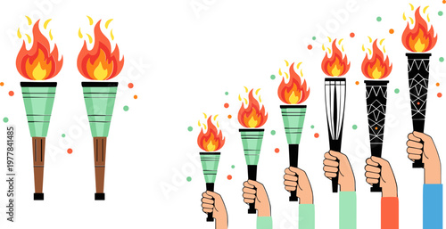 Burning Torch and Hand Holding Flame Set Cartoon Vector Illustration of Fire Ignition Stages and Torch Lighting Process Isolated on White Background