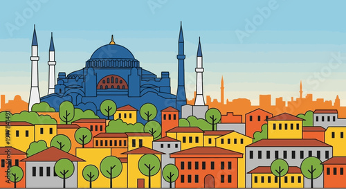 Istanbul cityscape with Hagia Sophia, colorful buildings, trees, and skyline