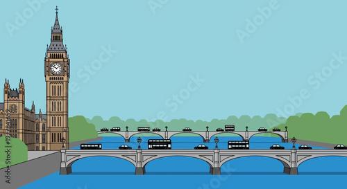 London Big Ben and Westminster Bridge with traffic and river Thames, illustration