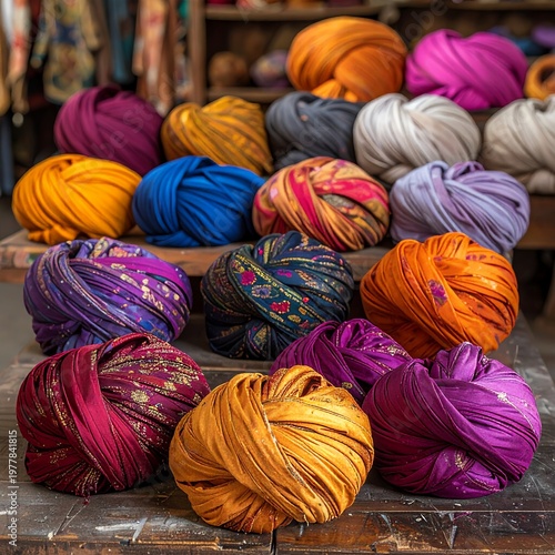 Vibrant display of colorful turbans and fabrics in an Indian market.