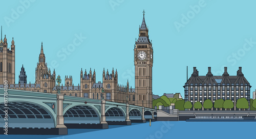 London Skyline Big Ben Westminster Bridge Thames River Flat Design Illustration