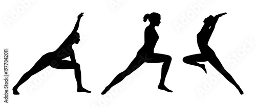 Yoga pose silhouettes set with minimalist line art design on white background featuring yoga, silhouette, line art with illustration and vector graphics