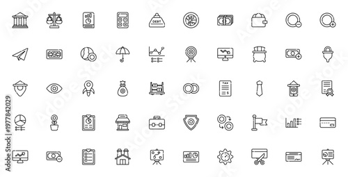 Economy icon set. Business finance vector icons pack. Includes bank, bitcoin, wallet, investment, chart, profit, tax, growth and more. Editable stroke.