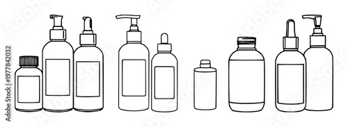 Minimalist skincare bottles set with black line art featuring skincare, cosmetics, beauty with bottles and illustration vector