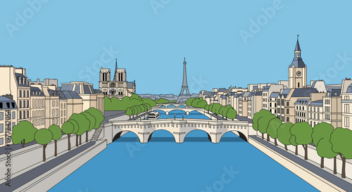 Paris cityscape with Seine River, bridges, Eiffel Tower, Notre Dame, and Haussmannian buildings