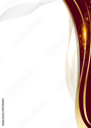 A gold line wave portrait with a maroon and white background featuring abstract art