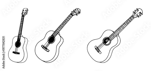 Acoustic guitar set with minimalist line art on white background featuring guitar, instrument, music with illustration and vector