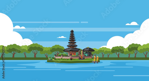 Pura Ulun Danu Bratan Temple on Lake Beratan, Bali, Indonesia - Flat Design