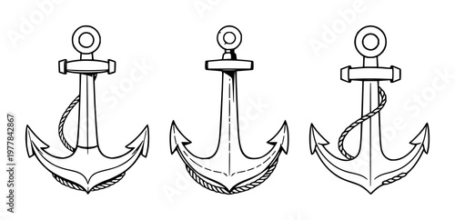 Anchor set with black line art and rope border featuring anchor, rope, nautical design with black outline and white background