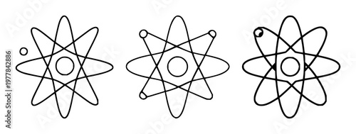 Atom symbol set with electron orbitals and line art design featuring atoms, electrons, orbital paths with science and chemistry