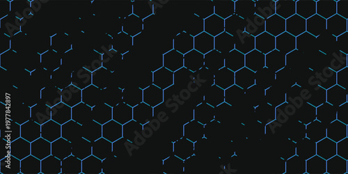 Dark technology hexagonal vector abstract background. Green bright energy flashes under hexagon in dark technology futuristic modern background vector illustration. Gray honeycomb texture grid.