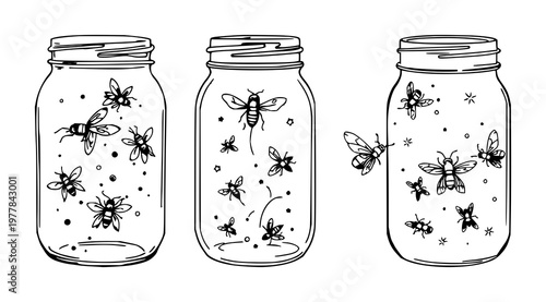 Fireflies set with a glass mason jar illustration featuring insects, summer, nature with light and glow