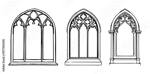 Gothic window frame set with ornate black line art on white background featuring gothic architecture, skeletal arches, religious motifs with historical design and medieval style
