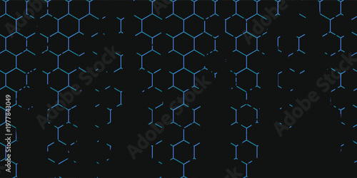 Dark technology hexagonal vector abstract background. Green bright energy flashes under hexagon in dark technology futuristic modern background vector illustration. Gray honeycomb texture grid.