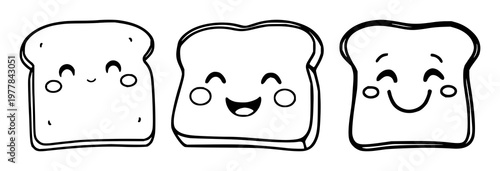 Happy toast slice set with happy expression and cute black line art featuring breakfast, toast, illustration with white background and minimal style
