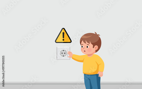Curious boy touching electrical outlet with warning sign.