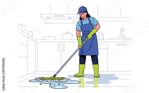 Janitorial worker mopping wet floor with gloves.