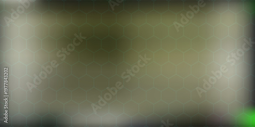Dark technology hexagonal vector abstract background. Green bright energy flashes under hexagon in dark technology futuristic modern background vector illustration. Gray honeycomb texture grid.