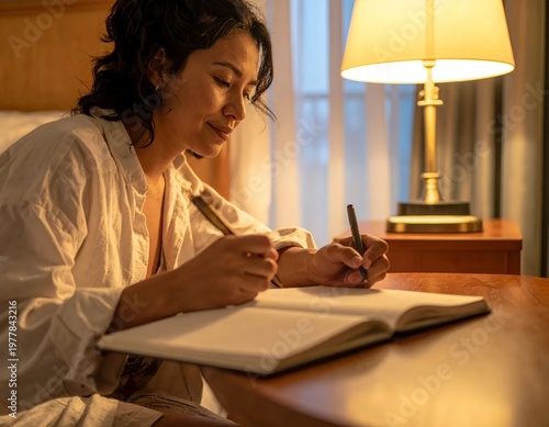 Young Woman Writing in Journal by Lamp Light.