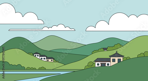 Serene Asian Village Landscape with Rolling Hills, River, and Traditional Houses