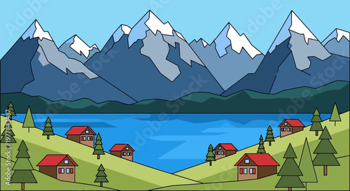Serene Mountain Lake Village Landscape Illustration