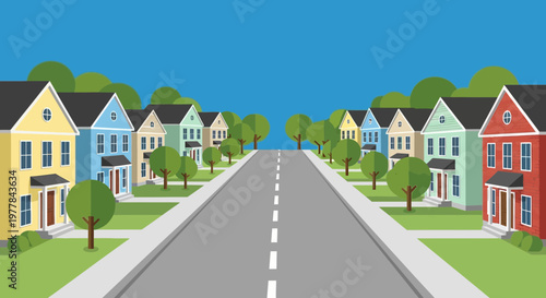 Suburban Street with Colorful Houses and Trees, Residential Neighborhood Illustration