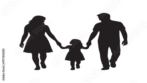 Black silhouette of young parents with small child walking forward, family outdoor activity icon, minimalist flat vector illustration for insurance or real estate.