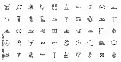Arctic_4512 icon set. Polar vector illustrations featuring penguin, polar bear, igloo, northern lights, snowflake, reindeer, iceberg, sled, and more.