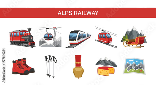 Alps Railway Transportation Travel Icons Set.