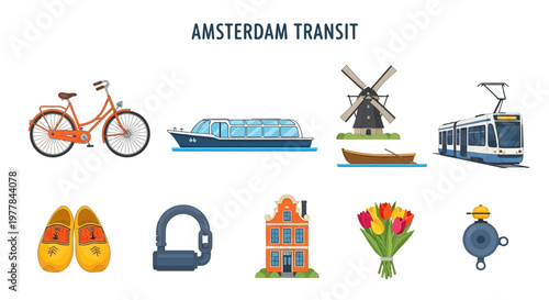 Amsterdam transportation and city icons collage.