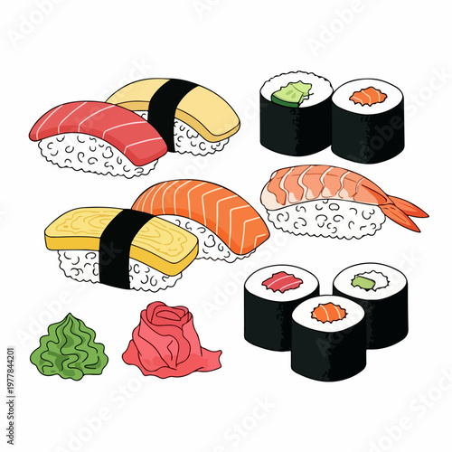 Japanese sushi set food vector illustration on white background