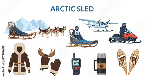 Arctic sled winter sports equipment collection.